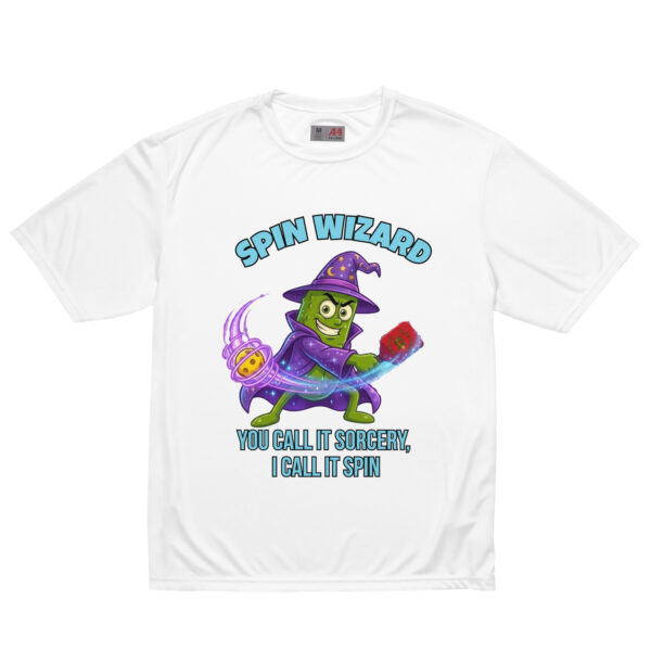 unisex-performance-crew-neck-t-shirt-white-front-6a85f3a12101b.jpg Spin Wizard — Funny Pickleball T-Shirt