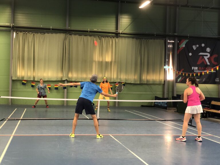 PPA vs APP explained: players in a doubles tournament match on an indoor pickleball court with a portable net