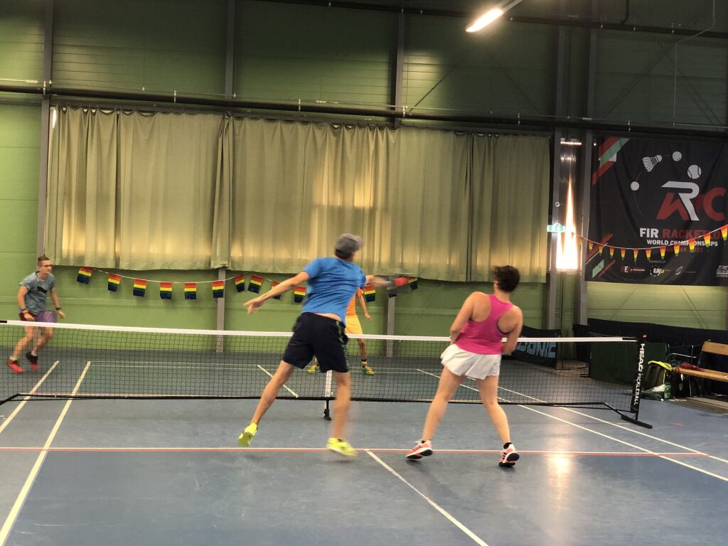 Tournament doubles on an indoor court, the format the pros play at the Pickleball World Championships